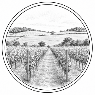 Vines running down the hill, with down land in the rear.