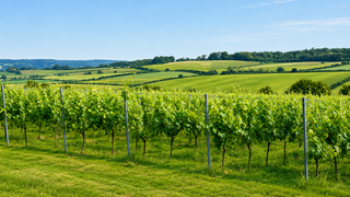 Vineyard with rows of grapevines under a clear blue sky