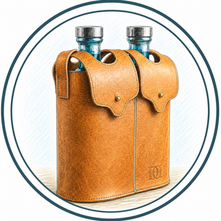 Brown leather bottle holder with two blue bottles on a white background