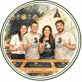 A circular watercolor-style illustration showing four people standing behind a bar counter, each holding a glass of champagne. They are wearing Downton Brewery branded t-shirts, with beer taps and hanging signs visible in the background.