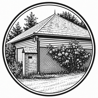 Illustration of a small building with a roof and walls, surrounded by trees and bushes.