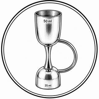 Black and white illustration of a measuring cup with volume markings on a circular background