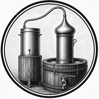 Black and white illustration of a traditional still used for distilling spirits.