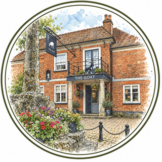 A circular watercolor-style illustration of a brick pub exterior labeled 'THE GOAT' and 'The Goat' sign, with flowers, a stone pillar, and a cobblestone courtyard. The artwork is presented on a white background with a thin circular border.