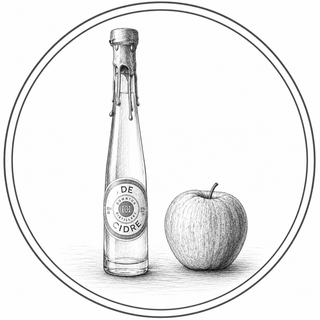 Illustration of a bottle labeled 'DE Cidre' next to an apple inside a circular border.