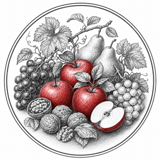 A circular black and white botanical illustration of fruit, featuring red apples, dark grapes, pears, walnuts, and leaves, centered on a white background.