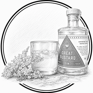 Illustration of a bottle of Great Bustard Gin with a glass and flowers on a white background