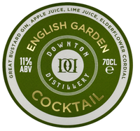 Round label for 'English Garden' cocktail from Downton Distillery with green and gold text.