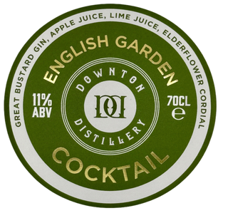 Round label for 'English Garden' cocktail from Downton Distillery with green and gold text.