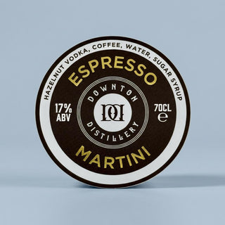 Label for Espresso Martini from Downton Distillery on a light blue background
