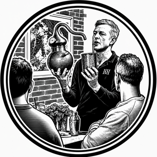 Person holding a mini still in his hands, whilst talking to a crowd.