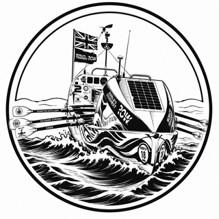 Illustration of a boat with solar panels and British flag on a circular background