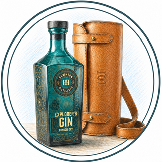 Blue gin bottle with a leather case on a light background