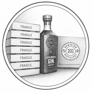 Illustration of a bottle of Downton Distillery Explorer's Gin with fragile boxes and the Downton logo.
