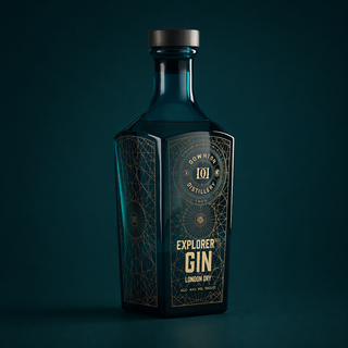 Bottle of Explorer's Gin on a dark teal background