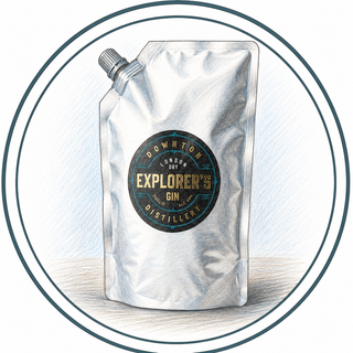 Silver packaging of Explorer's Gin with a circular border