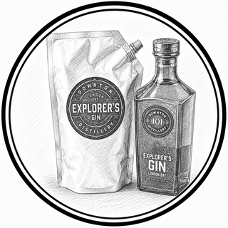 Illustration of Downton Explorer's Gin bottle and packaging on a white background