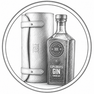Illustration of Explorer's Gin bottle with leather case on a white background