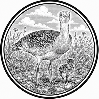 Female bird with a chick, in grassland.