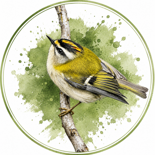 A circular watercolor-style illustration of a small bird perched on a thin branch, with a green watercolor splash and pale green border on a white background.