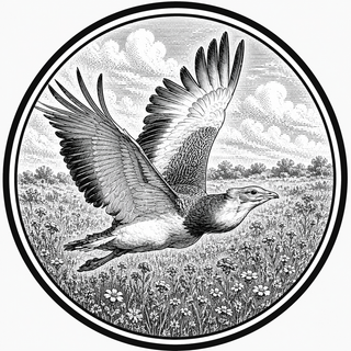 Black and white illustration of a bird flying over a field with flowers.