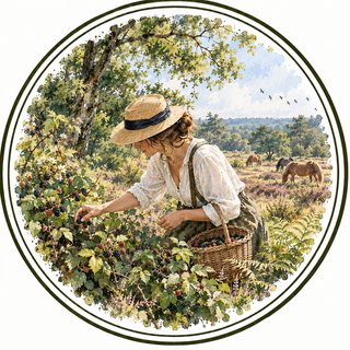 A circular art print depicting a woman in a straw hat and white blouse picking berries from a lush vineyard, with horses and trees in the background under a blue sky.