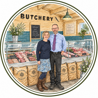A circular illustration of a butcher shop interior with a man and woman standing in front of a meat display case. The scene includes hanging butcher signage, blue tile walls, plants, and several brown bags of British Barley Charcoal.