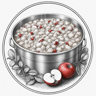 A circular illustration of a large metal pot filled with apples fermenting, with bubbles around the apple mash. 