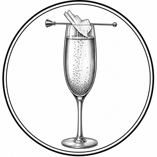 Black and white illustration of a champagne flute with bubbles, garnished with a lemon twist and a cocktail spoon, framed by a circular border.
