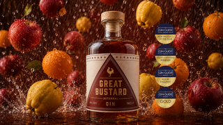 Bottle of Great Bustard Gin surrounded by fruits with gold medal ribbons on a wooden surface.
