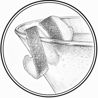 Black and white illustration of a glass with ice and lime.