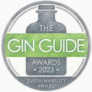 Gin Guide Logo, with green label and bottle in background.