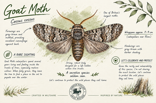 An educational poster about the Goat Moth (Cossus Cossus), featuring a detailed illustration of the moth in the center with surrounding text, facts, and decorative botanical elements on a light sage green background.