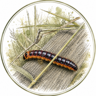 A circular botanical illustration featuring a striped caterpillar crawling over grass and a leaf, rendered in a watercolor style with a white background.