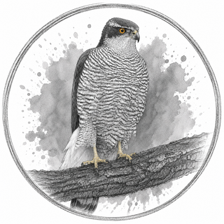 A circular black-and-white illustration of a hawk or falcon perched on a branch, with gray watercolor-style splashes behind it and a thin circular border on a white background.