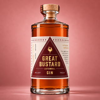 Bottle of alcohol, with a burgundy label on a pink background. Image of a Great Bustard on the logo.