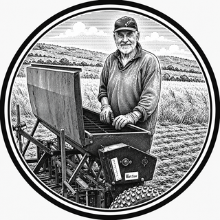 Black and white illustration of a man standing next to a farming machine in a field.