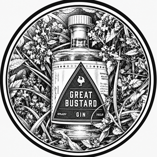Illustration of a bottle of Great Bustard Gin surrounded by plants and flowers.