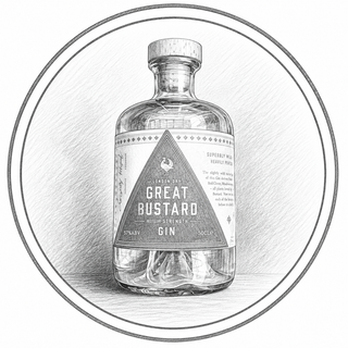 Illustration of a bottle of Great Bustard Gin with a triangular label.