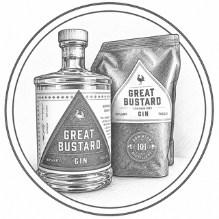Illustration of Great Bustard gin bottle and packaging on a white background