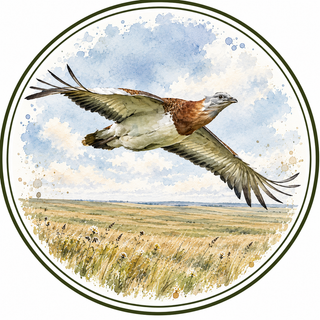 A circular watercolor illustration of a Great Bustard, the worlds heaviest flying bird, flying over an open grassland under a blue sky, framed by a dark olive border on a white background.