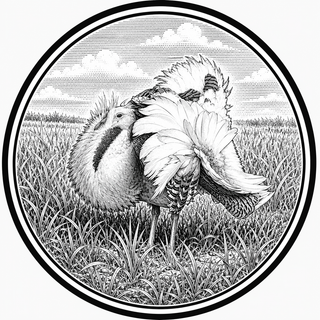 Black and white illustration of a Bustard in a field with a circular border.