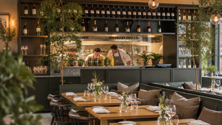 A restaurant interior with wooden dining tables set with white plates and wine glasses, upholstered brown booths with pillows, and a kitchen area in the background with chefs working behind a glass counter. Shelves display numerous bottles, and potted plants add greenery throughout the space.