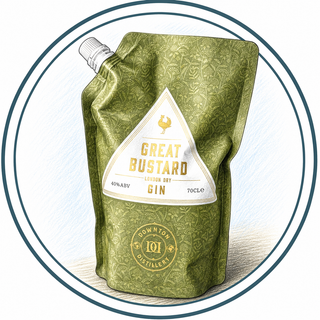 Green plastic bottle of Great Bustard Gin on a white background