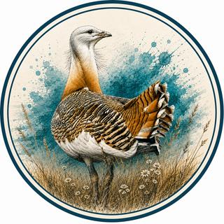 A circular art print featuring a detailed illustration of a large bird of prey, likely a bustard, standing in a grassy field. The bird has a white head, a warm orange neck, and brown-and-white striped wings and back.
