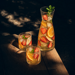 Drink with fruit in it with two glasses.