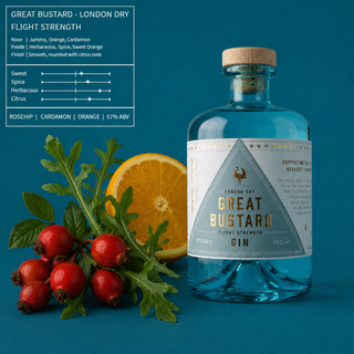 Blue bottle of Great Bustard Gin with botanicals on a blue background