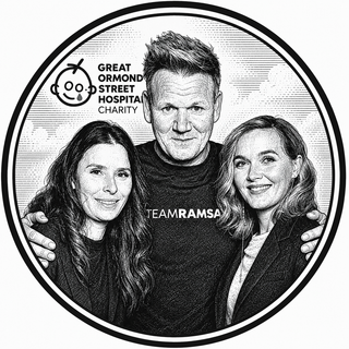 Black and white illustration of a man and two women with 'Great Ormond Street Hospital Charity' logo.