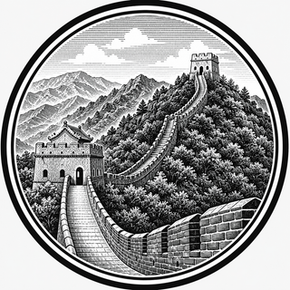 Black and white illustration of the Great Wall of China with mountains in the background.