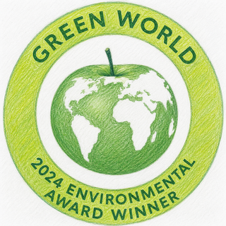 Green apple with world map on it, inside a green ring.